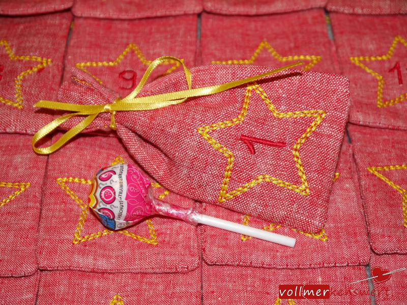 Preview: Adventskalender aus Stoff zum Befüllen bestickt mit Stern und Zahl Leinenoptik edel